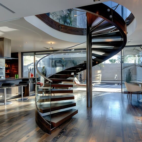 Bespoke spiral staircase in London home with glass balustrade and timber treads