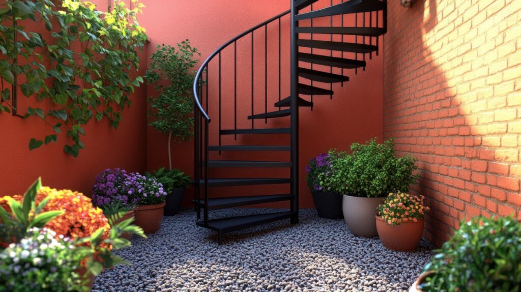 External black spiral staircase with safe handrail and open risers in a courtyard