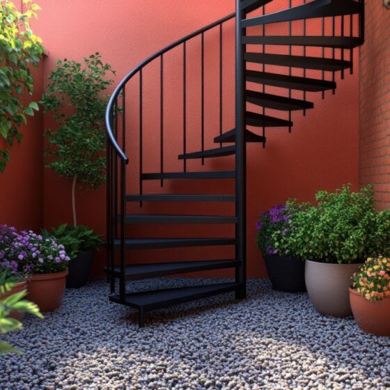External black spiral staircase with safe handrail and open risers in a courtyard