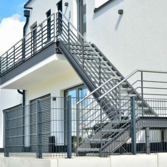 Contemporary steel balustrade on external staircase with safety railing