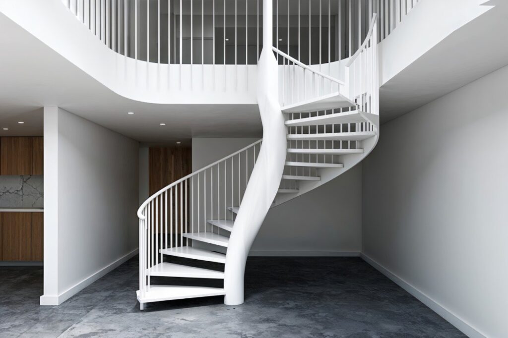 White powder-coated spiral staircase with matching balustrade in a contemporary home