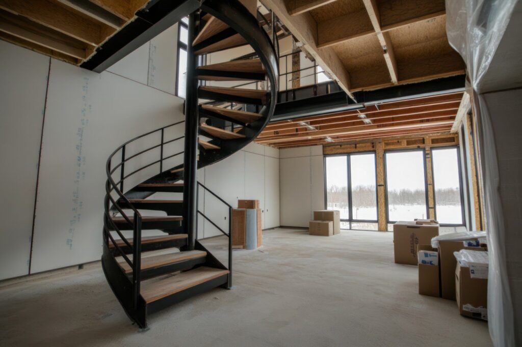 Open-plan home with spiral staircase, black steel and wood treads - bespoke staircase process at Staired