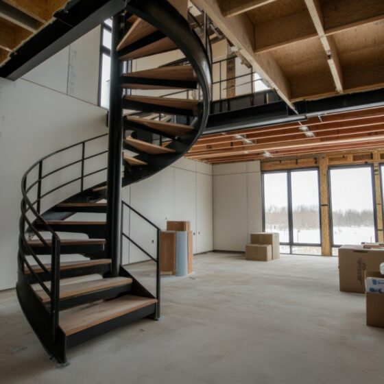 Open-plan home with spiral staircase, black steel and wood treads - bespoke staircase process at Staired