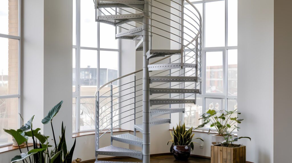 Spiral staircase with steel treads and slim balustrade in a light-filled room