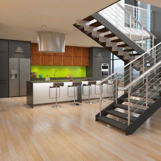 Modern straight switchback staircase with steel railings in contemporary home interior