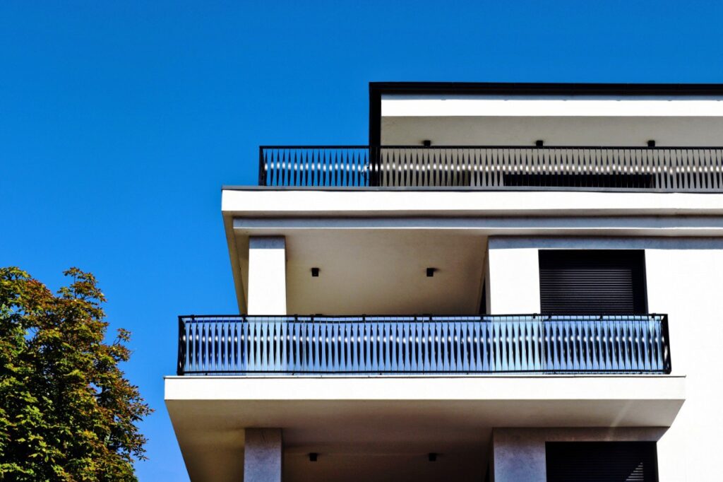 Contemporary steel balcony with vertical railing design