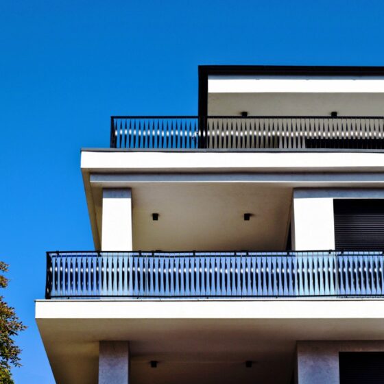 Contemporary steel balcony with vertical railing design
